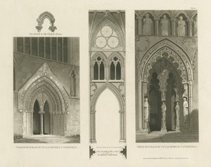 Lichfield Kathedraal - Westingang, Noordingang en Schip (aquatint gravure) door Charles Wild