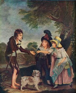 Portret van de kinderen van Sir Francis Ford die een munt aan een bedeljongen geven. Tentoonstelling 1793 door Charles Wilkinson