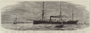 HMS Thrush, de nieuwe kanonneerboot die binnenkort in gebruik wordt genomen door luitenant ZKH Prins George van Wales door Charles William Wyllie