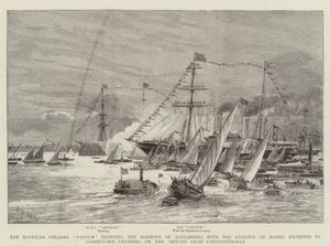 De Egyptische stoomboot Fayoum vaart de haven van Alexandrië binnen met de Khedive aan boord, geëscorteerd door kustwachtkruisers, op de terugkeer uit Constantinopel door Charles William Wyllie
