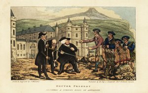 Een Schotse metselaar informeert Engelse toeristen dat hun roestige oude falchion zwaard een modern blad is van Andrea Ferrara voor het Holyrood Paleis, Edinburgh