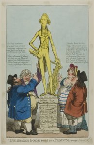 Het koperen beeld opgericht op een door hemzelf gesmeed voetstuk