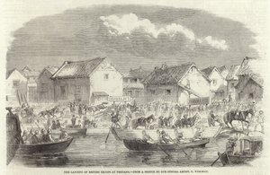 De landing van Britse troepen bij Pehtang door Charles Wirgman