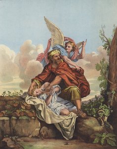 De Engel die tussenbeide komt om Abraham te stoppen zijn zoon Isaac te offeren