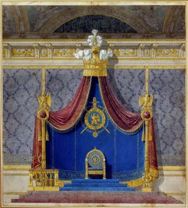 Kunst Frankrijk: De troon van Napoleon I in het Palais des Tuileries, gecreëerd door Charles Percier en Pierre Francois Leonard Fontaine. Privécollectie door Charles and Fontaine Pierre Percier