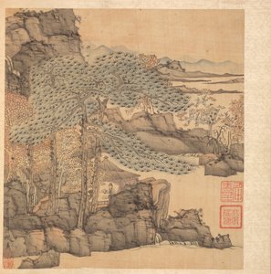 Schilderijen naar oude meesters: Geleerde lezend in een rieten hut bij een waterval, 1598-1652 door Chen Hongshou