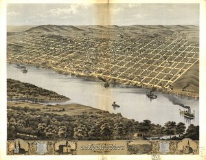 Vogelvlucht van de stad Leavenworth, Kansas 1869