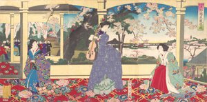 Een dansfeest: genieten van het kersenbloesem kijken in Ueno Tobukai Ueno oka yuran no z..., maart, 1887