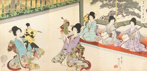 Dames in Wachten van het Chiyoda Kasteel: Zwaard Oefening en Poppen Kyogen, 1895