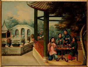 Een Chinese Tuinscène met Dames die Thee Drinken, midden 19e eeuw door Chinese School