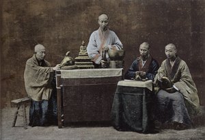 Een groep Chinese bonzen; gegraveerd en gedrukt door Gilot; 1896 door Chinese School