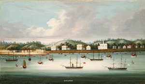 Een uitzicht op Singapore vanaf de wegen met Amerikaanse, Franse en Britse schepen, ca. 1850
