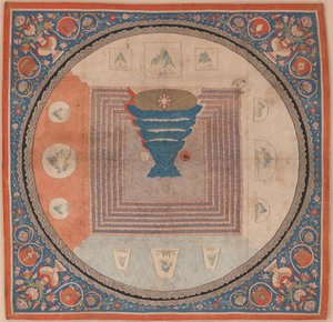 Kosmologische mandala met de berg Meru