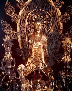 (detail) van een altaarstuk gewijd aan Boeddha Maitreya, 524
