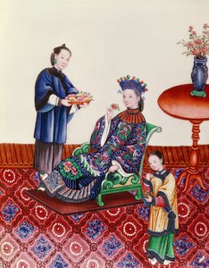 Elegante Chinese dame die aan een bloem ruikt door Chinese School