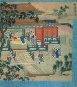 Keizer Hsien Ti (fl.189-220) met geleerden die klassieke teksten vertalen, uit een geschiedenis van Chinese keizers
