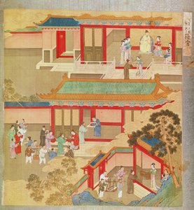 Keizer Hsuan Tsung (712-756 AD) thuis, uit een geschiedenis van Chinese keizers door Chinese School