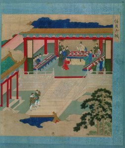 Keizer Hui Tsung (r.1100-26) die deelneemt aan een festival waarbij hij drinkt uit een beker van edelsteen, uit een geschiedenis van Chinese keizers door Chinese School