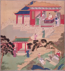 Keizer Tai Tsung (r.762-779) leest een medisch boek, uit een geschiedenis van Chinese keizers