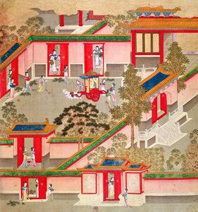 Keizer Wu Ti (156-87, r.141-87 v.Chr.) verlaat zijn paleis, uit een geschiedenis van Chinese keizers