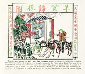 Europese buitenlanders bij de poort van een Confucius-tempel - hun geschenk van een geit wordt met minachting geweigerd, 1891