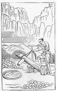 Het klei stampen, uit een serie illustraties over de productie van porselein door Chinese School