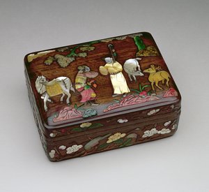Rechthoekige tzu-tan doos, met een keizerlijke boodschapper die komt om de vrijlating van Su Wu te verkrijgen, gemaakt door de Chou familie werkplaats, midden-late Ming dynastie 1368-1644