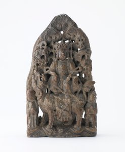 Kleine speksteentablet met opengewerkte reliëf van Manjusri op leeuw, Periode van de Verdeling, 543 AD