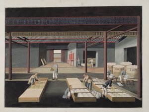 Het Verpakken en Inpakken van Schalen en Borden, plaat 12 in een serie van twaalf die het proces van Chinese porseleinproductie uitbeelden, 19e eeuw door Chinese School