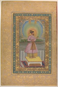 Shah Jahan op een terras, met een hanger met zijn portret, folio uit het Shah Jahan Album, recto: 1627-28