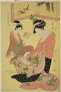 Schoonheden die de zeven wijzen parodiëren - Een selectie van jongere courtisanes (Shichi kenjin yatsushi bijin shinzo zoroe): Tokiuta van de Chojiya