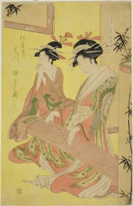 Schoonheden die de Zeven Wijzen Parodiëren - Een Selectie van Jongere Courtisanes (Shichi kenjin yatsushi bijin shinzo zoroe): Miyagawa van de Matsubaya