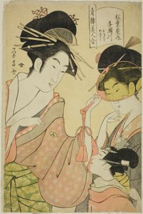 Schoonheden van de Plezierwijken (Seiro bijin awase): Kisegawa van de Matsubaya met bedienden Onami en Menami door Chobunsai Eishi