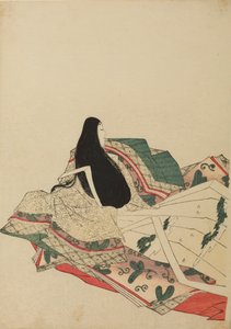 Zittende hofdame, driekwart van achteren gezien, plaat uit het album: Nishiki-zuri onna sanju rokkasen e-zukushi door Chobunsai Eishi
