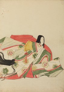 Zittende hofdame met een gele waaier, plaat uit het album: Nishiki-zuri onna sanju rokkasen e-zukushi door Chobunsai Eishi