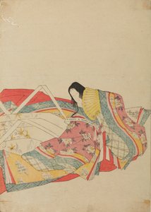 Dama dworu siedząca z żółtym wachlarzem, plansza z albumu: Trzydzieści sześć poetek / Nishiki-zuri onna sanju rokkasen e-zukushi door Chobunsai Eishi