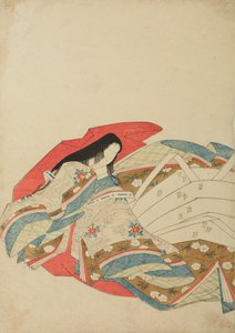 Zittende hofdame, naar links gewend, plaat uit het album: Nishiki-zuri onna sanju rokkasen e-zukushi door Chobunsai Eishi