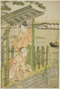 Verzameling bij een theehuis aan de oever van de Sumida-rivier door Chobunsai Eishi