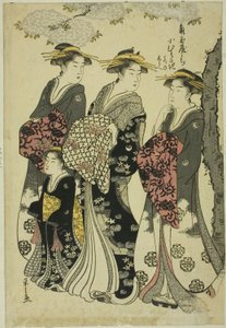Komurasaki van de Kadotamaya met begeleiders Hatsune en Shirabe door Chobunsai Eishi