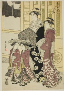 Komurasaki van de Kadotamaya met begeleiders Hatsune en Utano door Chobunsai Eishi