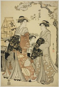 Nanamachi van de Yotsumeya met bedienden Sumano en Akashi door Chobunsai Eishi