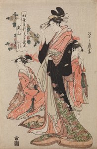 Oiran Seyama van het huis Matsuba-ya met haar kamuro Iroka en Yukari, uit de serie: Openingsfeest van het nieuwe huis Matsuba-ya door Chobunsai Eishi