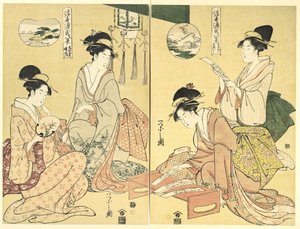 Geestenbezweerder; wilde ganzen keren naar huis terug (Maboroshi; Rakugan) (rechts) en een dunne sluier van wolken; opklarend weer (Usugumo; Seiran) (links), uit de serie Acht gezichten op Het verhaal van Genji in de vlietende wereld (Ukiyo Genji hakkei) door Chobunsai Eishi
