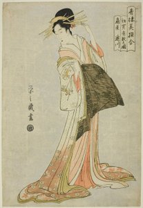 Takigawa van de Ogiya in de eerste verkoop van het nieuwe jaar (Hatsu uri zashiki no zu), uit de serie "Een vergelijking van geselecteerde schoonheden van de plezierwijken (Seiro bisen awase)" door Chobunsai Eishi