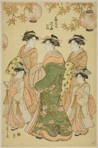 De courtisane Hanaogi van de Ogiya, met kinderbedienden Yoshino en Tatsuta door Chobunsai Eishi