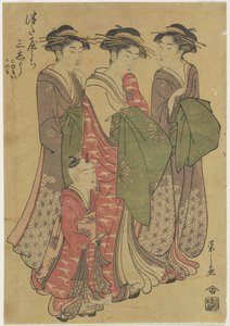 Drie courtisanes van het Tsuataya-huis, 1787-1798 door Chobunsai Eishi