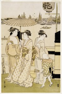 Drie Vrouwen en een Jongen langs de Sumida Rivier, 1788-89 door Chobunsai Eishi