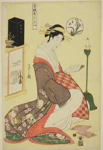 Wakana van de Matsubaya, uit de serie "Schoonheden van de Plezierwijken als de Zes Bloemimmortellen (Seiro bijin rokkasen)" door Chobunsai Eishi