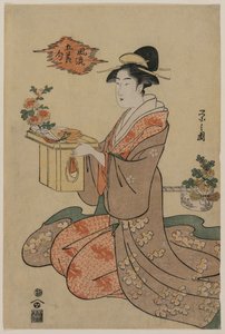 Vrouw met een houten bekerstandaard versierd met chrysanten (uit de serie Elegante afbeeldingen van de vijf seizoensfestivals) door Chobunsai Eishi