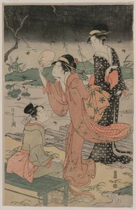 Vrouwen naast een stroom die vuurvliegjes vangen, midden jaren 1790 door Chobunsai Eishi
